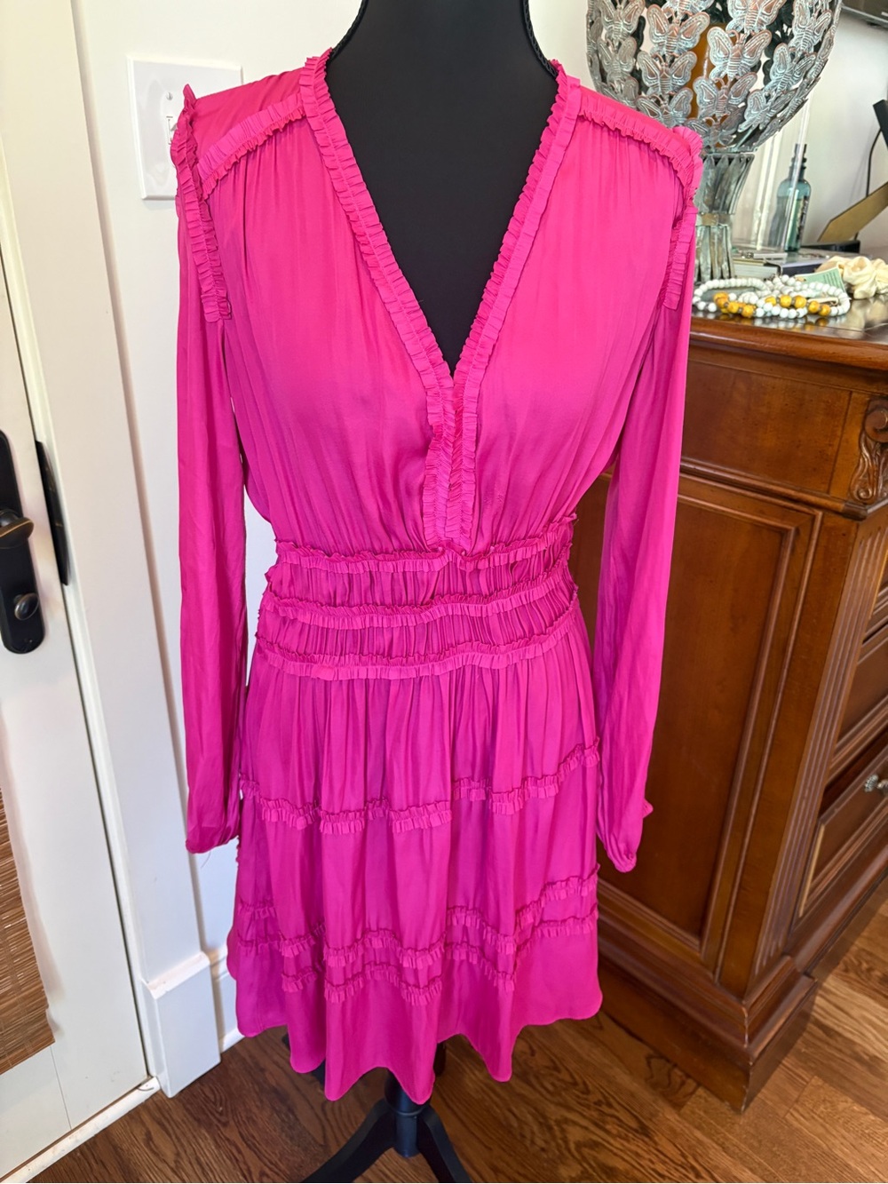 Boston Proper Bright Fuchsia Ruffle-Trim Long Sleeve Dress